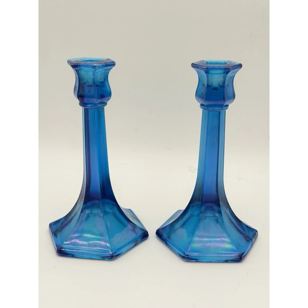 Fenton Florentine Celeste Blue Iridescent Carnival Art Glass Candle Sticks